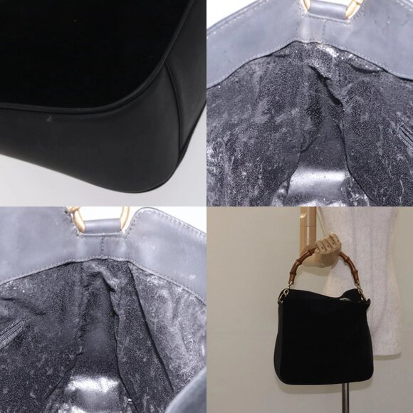 GUCCI Bamboo Hand Bag Suede Leather Black Gold 001 3444 1638 Auth bs27007 - Picture 13 of 14